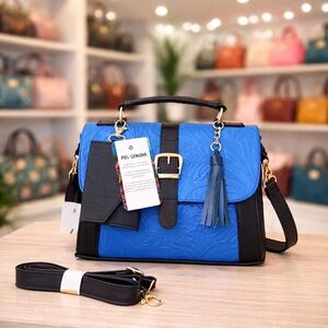 Genuine Leather Blue Handbag with Shoulder Strap